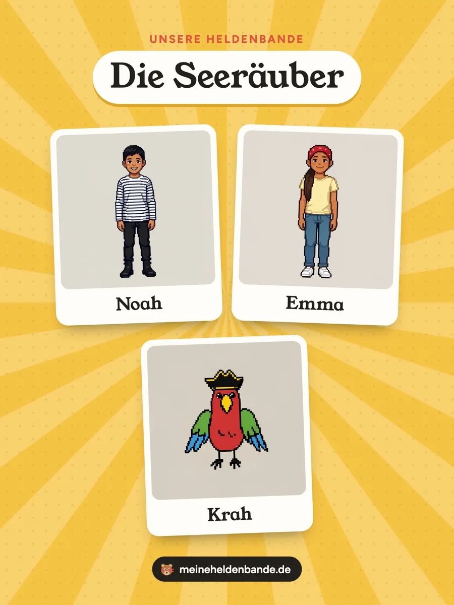 Gruppenbild von Die Seeräuber: Noah, Emma, Krah, gezeichnet als Helden
