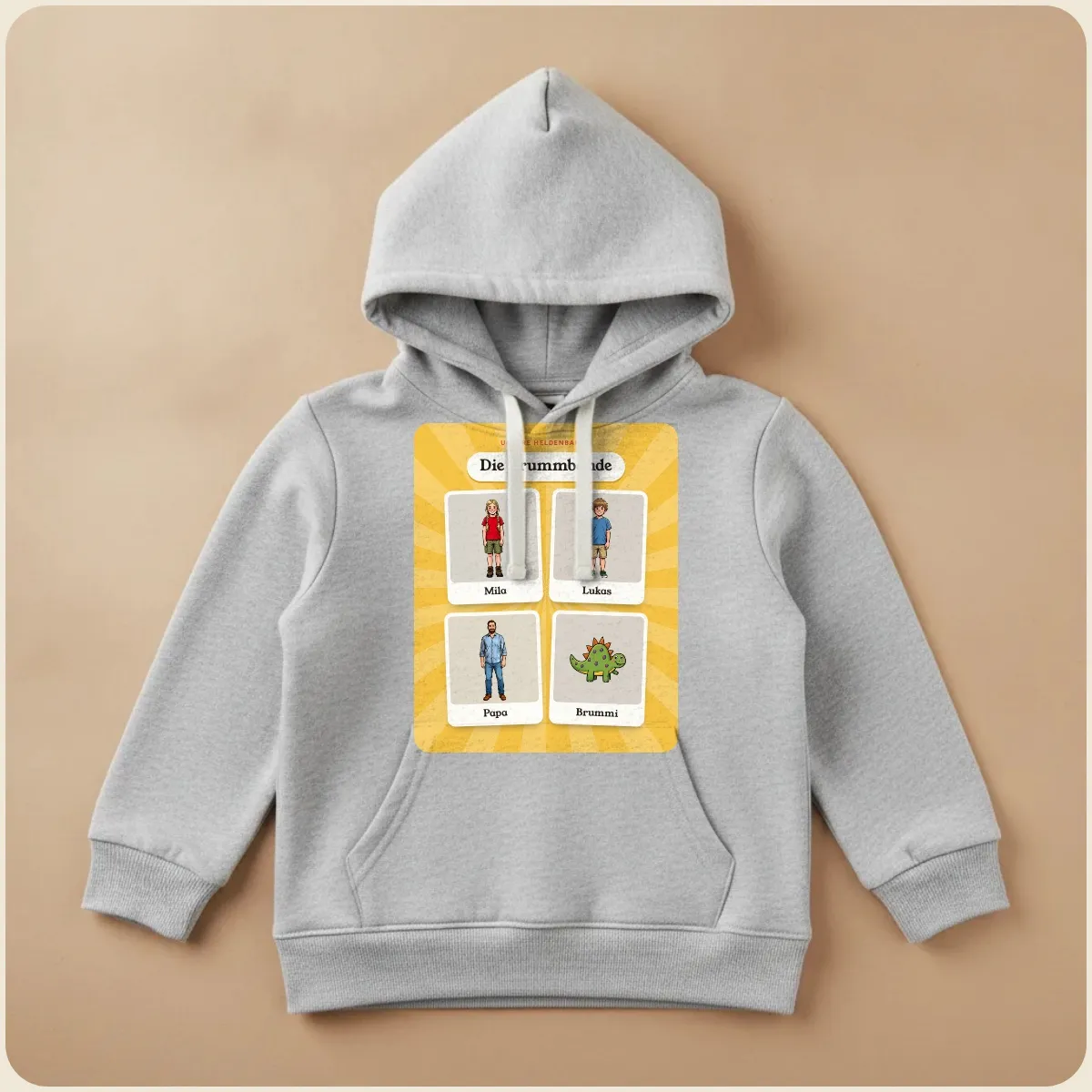 Grauer Kinder-Hoodie mit dem Gruppenbild der Brummbande