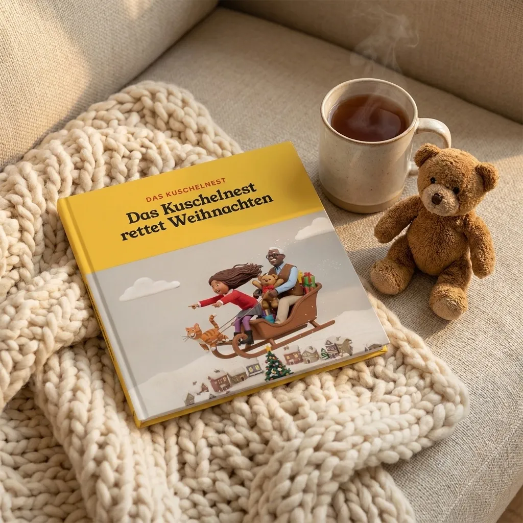 Hardcover-Kinderbuch, 20 x 20 cm, „Das Kuschelnest rettet Weihnachten“, auf einem Sofa mit Strickdecke