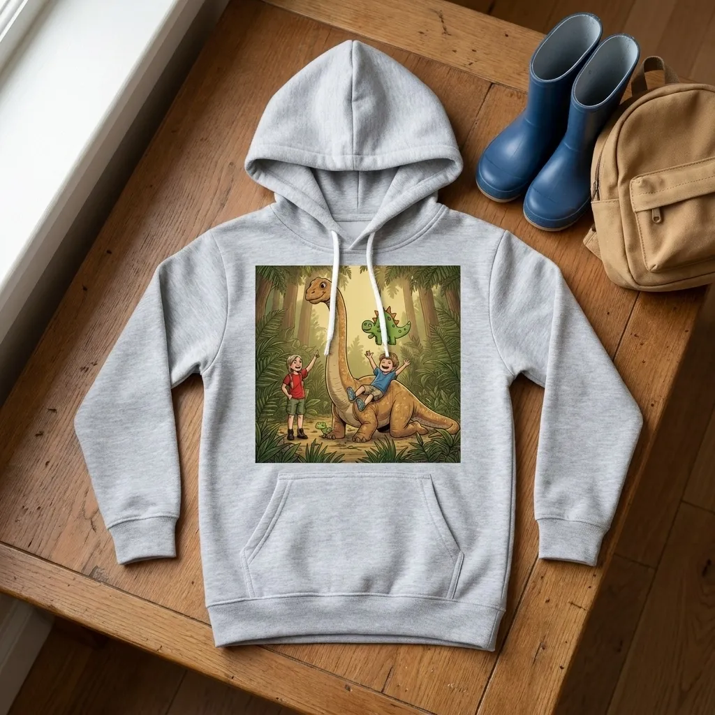 Grauer Kinder-Hoodie mit einer Zeichnung aus „Die Brummbande bei den Dinos“