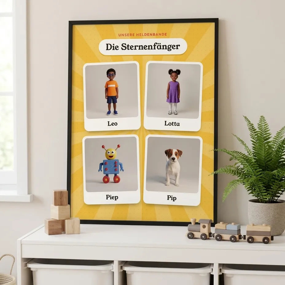 Gruppenbild der Sternenfänger in einem schwarzen Rahmen im Spielzimmer