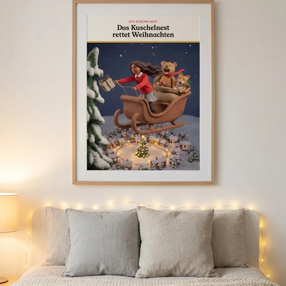 Poster mit einer Zeichnung aus Das Kuschelnest rettet Weihnachten über einem Kinderbett