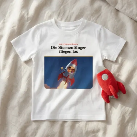 Weißes Kinder-T-Shirt mit dem Titelbild von „Die Sternenfänger fliegen los“