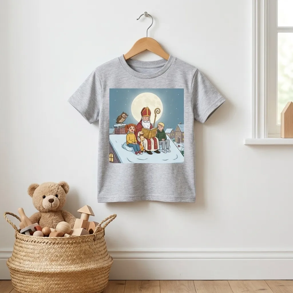 Graues Kinder-T-Shirt mit Nora und Ben beim Nikolaus auf einem verschneiten Dach, aus „Raffi und die Nikolausnacht“, auf einem Bügel