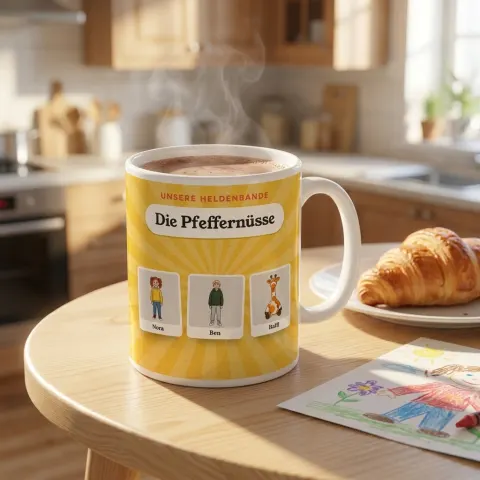 Tasse mit dem Gruppenbild der Pfeffernüsse auf dem Frühstückstisch