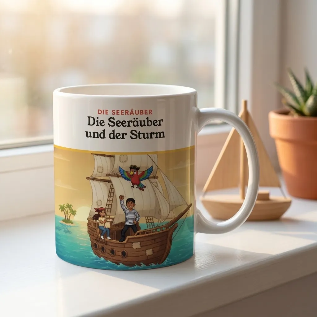Tasse mit dem Titelbild von „Die Seeräuber und der Sturm“ auf einer Fensterbank